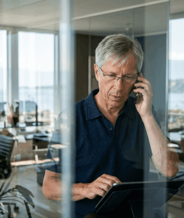 Guy Freiburghaus au téléphone depuis son bureau à Geneve